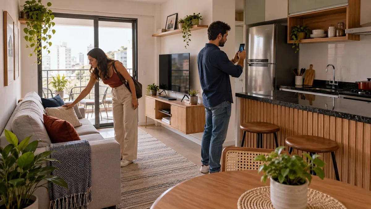 Casal conferindo os móveis durante a vistoria de um apartamento mobiliado