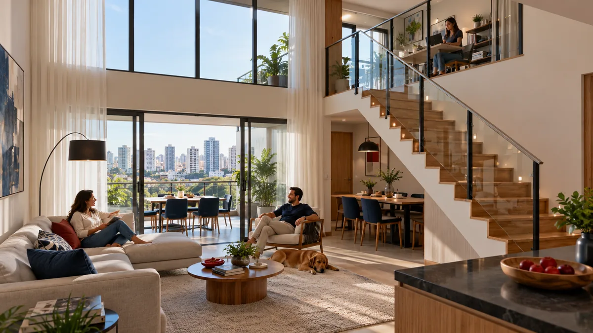Interior de apartamento duplex com sala, escada e dois pavimentos
