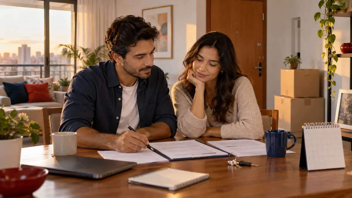Casal avaliando contrato, calendário e chaves ao fim de uma locação
