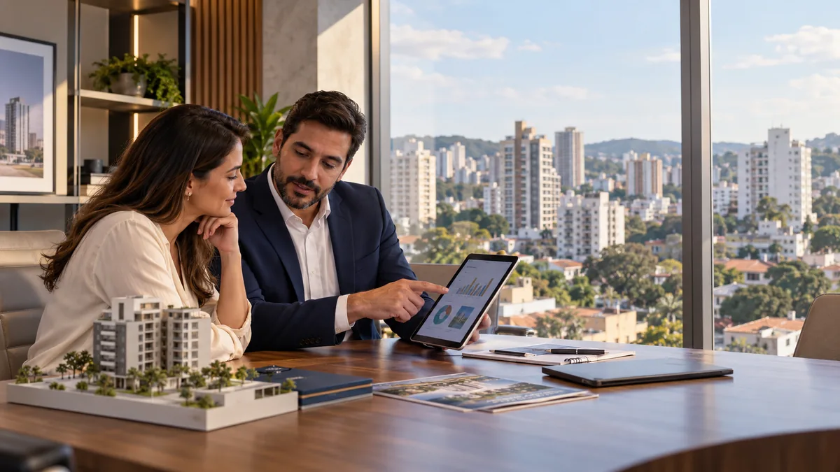 Cliente e corretor analisando tendências do mercado imobiliário em uma tela
